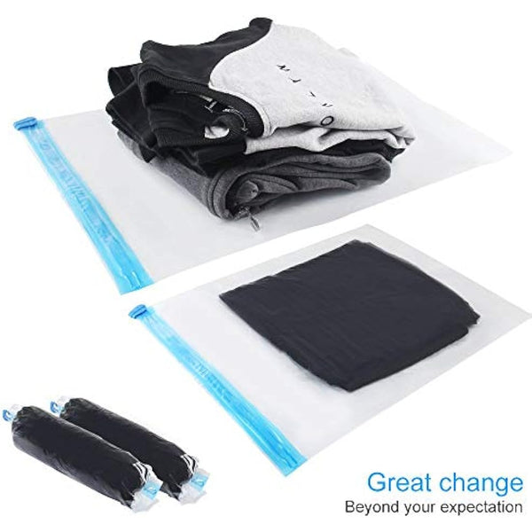 10Pack Travel Space Saver Bags (4 x S, 3 x L, 3 xL), Reusable KFYM Vacuum Travel Storage Bag, Saves 75% of Storage Space, Roll-Up Compression, No Need For Vacuum Machine Or Pump