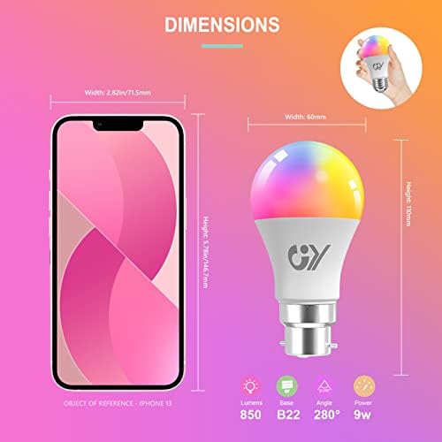 GY A60 B22 Smart Bulb Bayonet Alexa Light Bulbs, 9W 850lm 2700K-6500K RGB Dimmable Colour Changing Compatible with Alexa/Google Home 2.4GHz WLAN,6 Packs