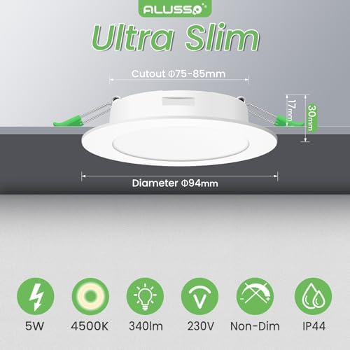ALUSSO LED Downlights Recessed Ceiling Lights 5W, Neutral White 4500K LED Spotlights Ceiling Lights, Ultra Slim Cut Φ75-85MM, Beam Angle 120° Round Ceiling IP44 for Bathroom Bedroom Kitchen, 12 Pack