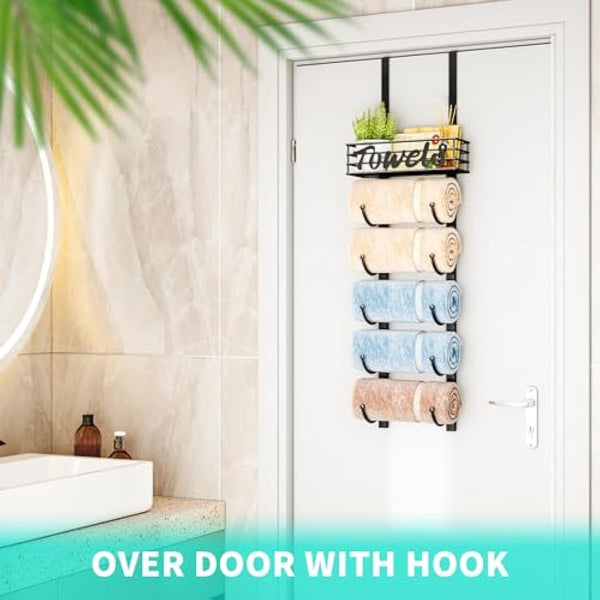 HapiRm Over Door Towel Rack - Towel Storage Rack Wall Mounted with Metal Shelf Basket, 6-Tier Over Door Towel Rail & Bathroom Storage Organiser Towel Holder for Small Bathroom, Camper, Rv