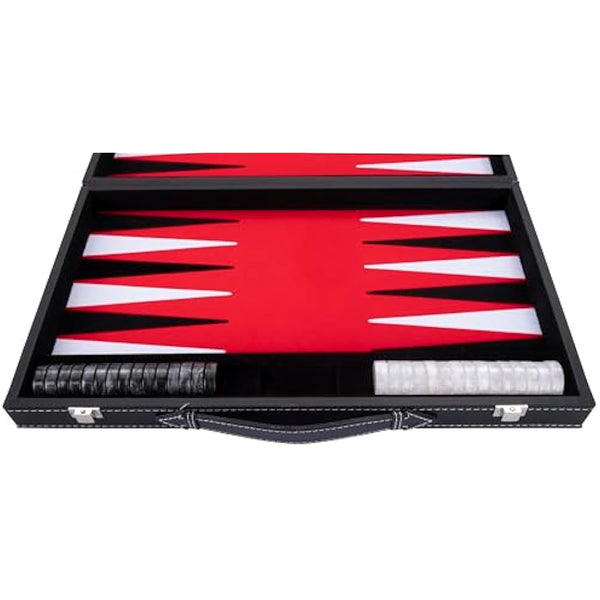 Engelhart - 250507 - Luxury Backgammon - Red - 38 cm - 15 Inches - Faux Leather - Felt Inlay - Pearl Dice and Chips + 2 Cups - Strategy - Backgammon Game