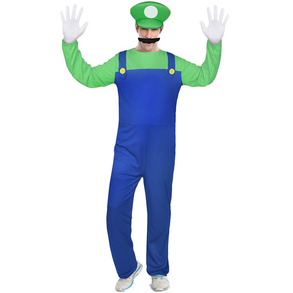 Aomig Mario Costumes, 4 Pack Mario Cosplay Costume Accessories Kits with Bodysuit, Luigi Hats Cap, Mustaches, White Gloves, Mario Luigi Bros Fancy Dress Outfit Costume for Women Men