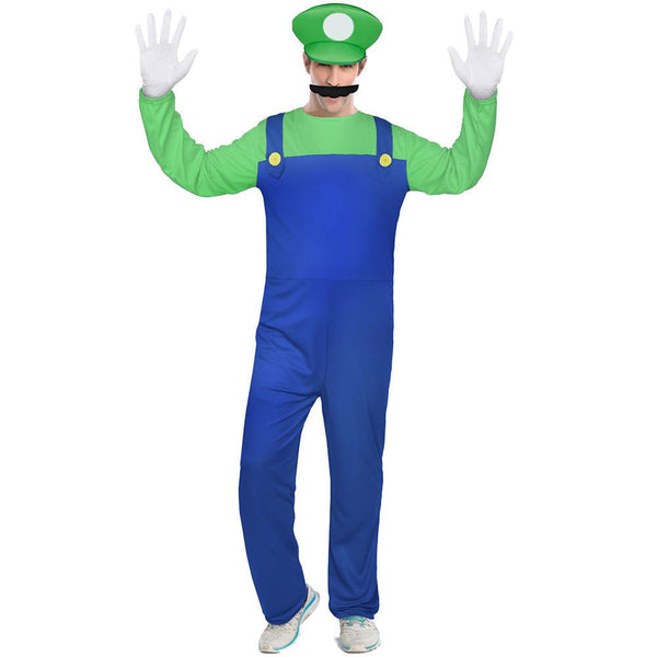 Aomig Mario Costumes, 4 Pack Mario Cosplay Costume Accessories Kits with Bodysuit, Luigi Hats Cap, Mustaches, White Gloves, Mario Luigi Bros Fancy Dress Outfit Costume for Women Men