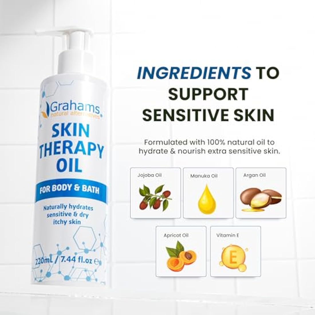 Grahams Natural Skin Therapy Body Oil - For Dry Skin, Eczema & Itch Relief - Hydrates & Nourishes Sensitive Skin - Natural 100% Oil Blend with Vitamin E | Hypoallergenic & Steroid-Free (220ml)