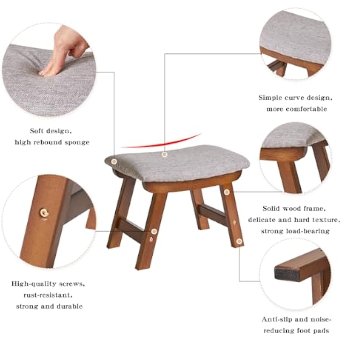 Aibiju Foot Stool, Ottoman Pouffe Stool, Low Stool Fabric Sofa Stool Cover 4 Beech Legs Suitable for Bedroom, Living Room and Kitchen, (Brown Leg + Grey cushion), YDEU-1355