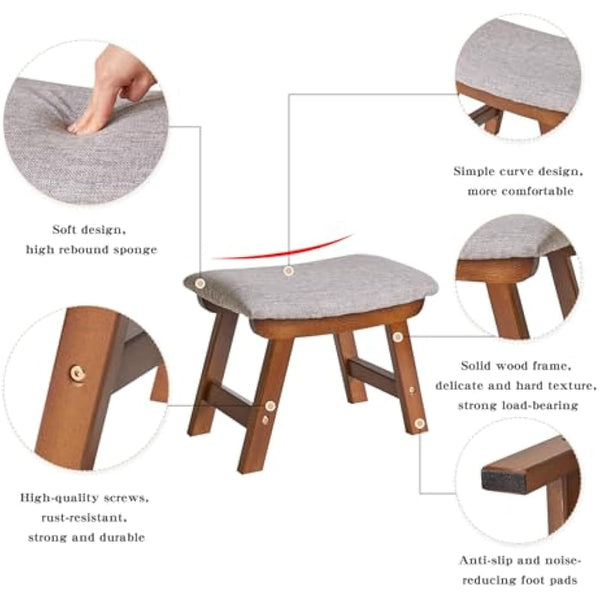 Aibiju Foot Stool, Ottoman Pouffe Stool, Low Stool Fabric Sofa Stool Cover 4 Beech Legs Suitable for Bedroom, Living Room and Kitchen, (Brown Leg + Grey cushion), YDEU-1355