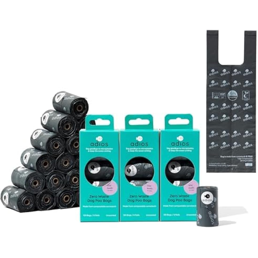 Adios Plastic - Compostable Dog Poop Bags with Handles, 360 Count (24 Rolls) - Grey - Extra Thick, Leakproof, Odour Proof Dog Waste Bags - Made from Compostable Cornstarch - Easy Tear Rolls