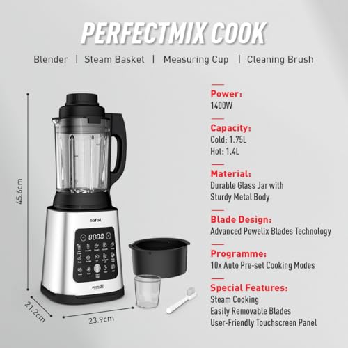 Tefal Blender & Soup Maker Perfectmix Cook, 2L, 10 Auto Programs, Smoothie Maker, Removable Blades, Cleaning Program & Brush, Glass Jug, Tamper, Hot & Cold Kitchen Blender, Cooking, BL83SD65