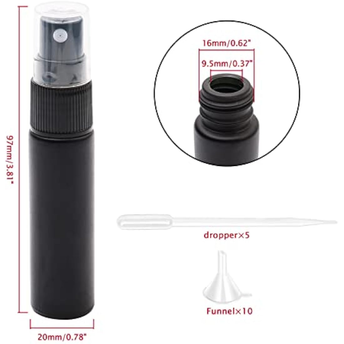 Unxuey 10 pcs 10 ml Pure Black Perfumes Spray Bottles, Glass Empty Dispenser Atomizer Refillable Sample Container for Various Water based Liquids with 10 Funnels+5 Droppers