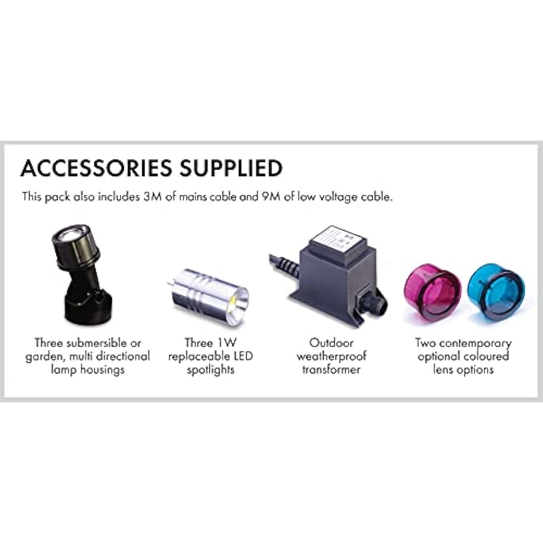 Blagdon Ultra Bright Economical LED Pond and Garden Lights, Fully Submersible, Waterproof, 1 Watt (3 Lights), with Transformer, Cables and Fixings, Black