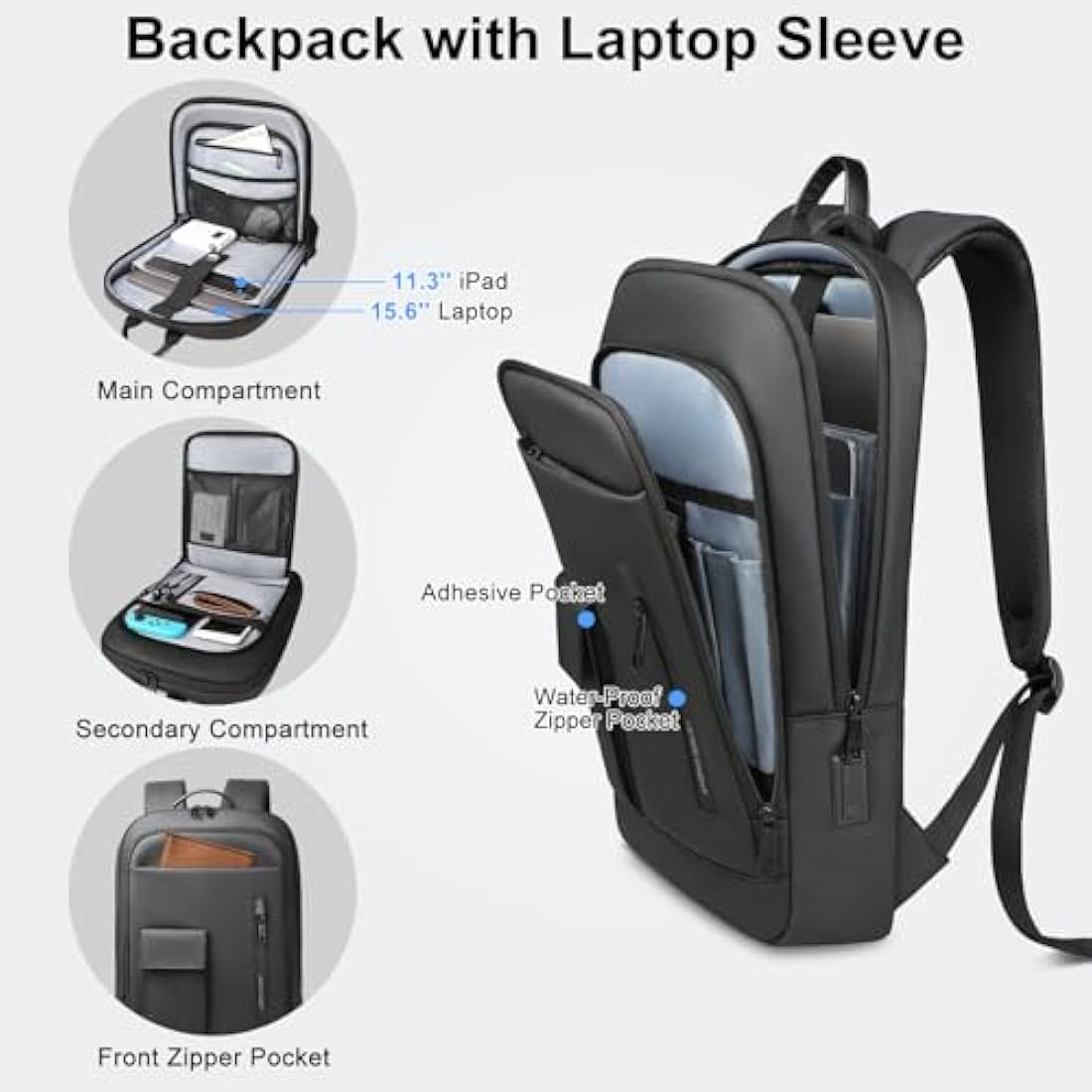 HEROIC KNIGHT Slim Laptop Backpack 15.6 Inch, Business Travel Backpack with USB Charging Port, Water-Resistant Anti Theft Laptop Rucksack, Lightweight Computer Work Bag Daypack For Men Women, Black