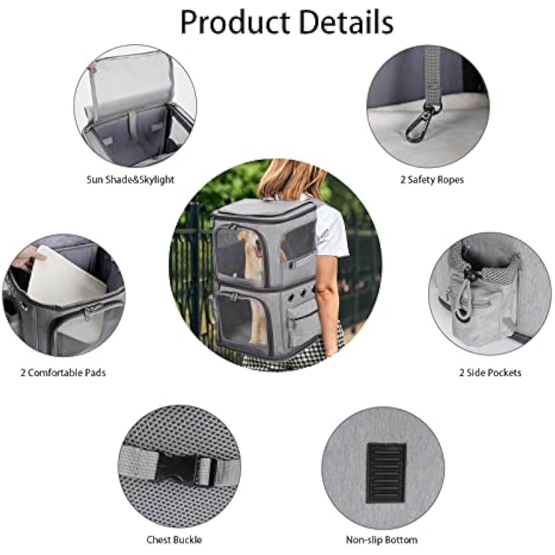 FASNATI Double-Compartment Pet Carrier Backpack, Cat Carrier Backpack for 2 Small Cats, Dogs and Rabbits, Perfect for Traveling/Hiking/Camping, Grey