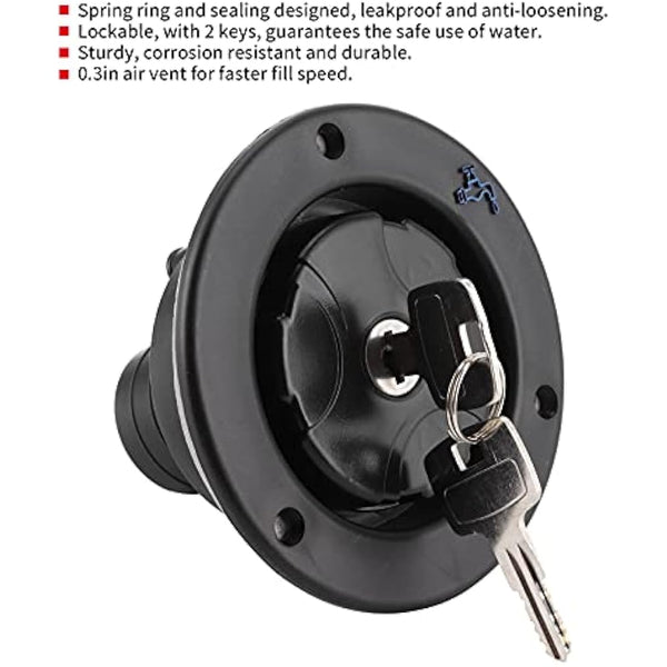 RV Fresh Water Locking Cap, Round Freshwater Inlet Lockable Leakproof Water Filler Cap with 2 Keys for RV Caravan Motorhome, Black