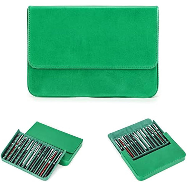 Hiram Leather Pen Case for 12 Pens Vegetable Tanned Leather Fountain Pen Storage Box with Hidden Magnetic Snap Closure and Pen Tray Design (Green)