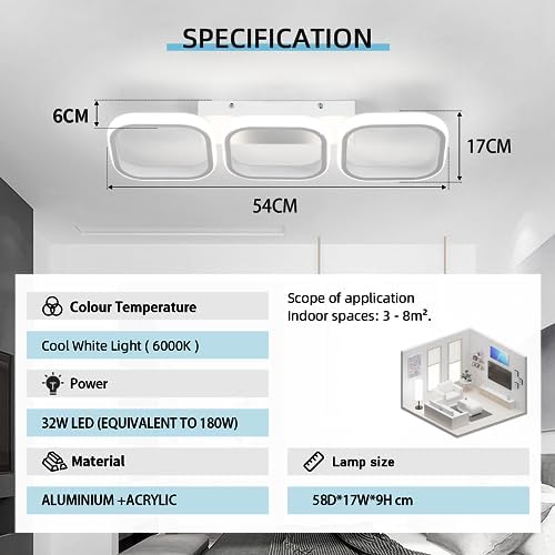 EIDISUNY Ceiling Light 3 Rectangles LED Latest Personality Simple White Modern Led Ceiling Light for Hallway Entrance Office Bedroom Kitchen Living Room Aisle - 54cm 33W Cool White Light 6000K (White)