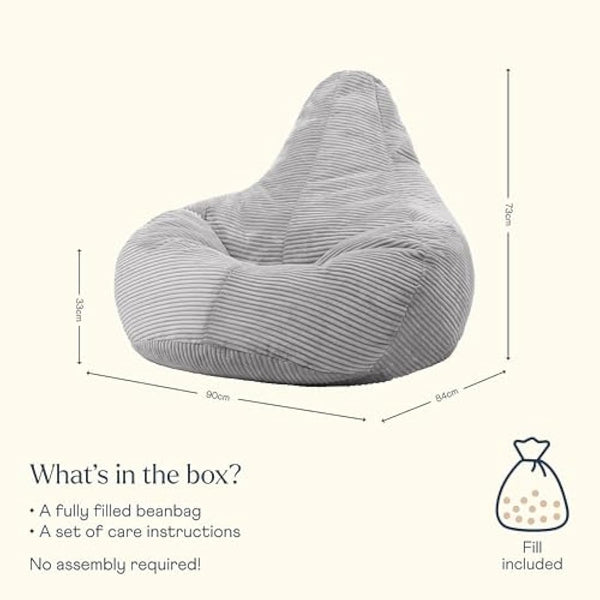 icon Dalton Cord Recliner Bean Bag, Grey, Large Adult Bean Bag Chair with Filling Included, Comfy Chair, Living Room Furniture, Bedroom Furniture