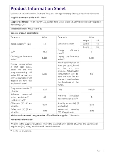 Haier XI1C3TB2FB-80 I-Pro Shine Series 4 Integrated Dishwasher, 11 place Setting, Black Bezel, C Rated