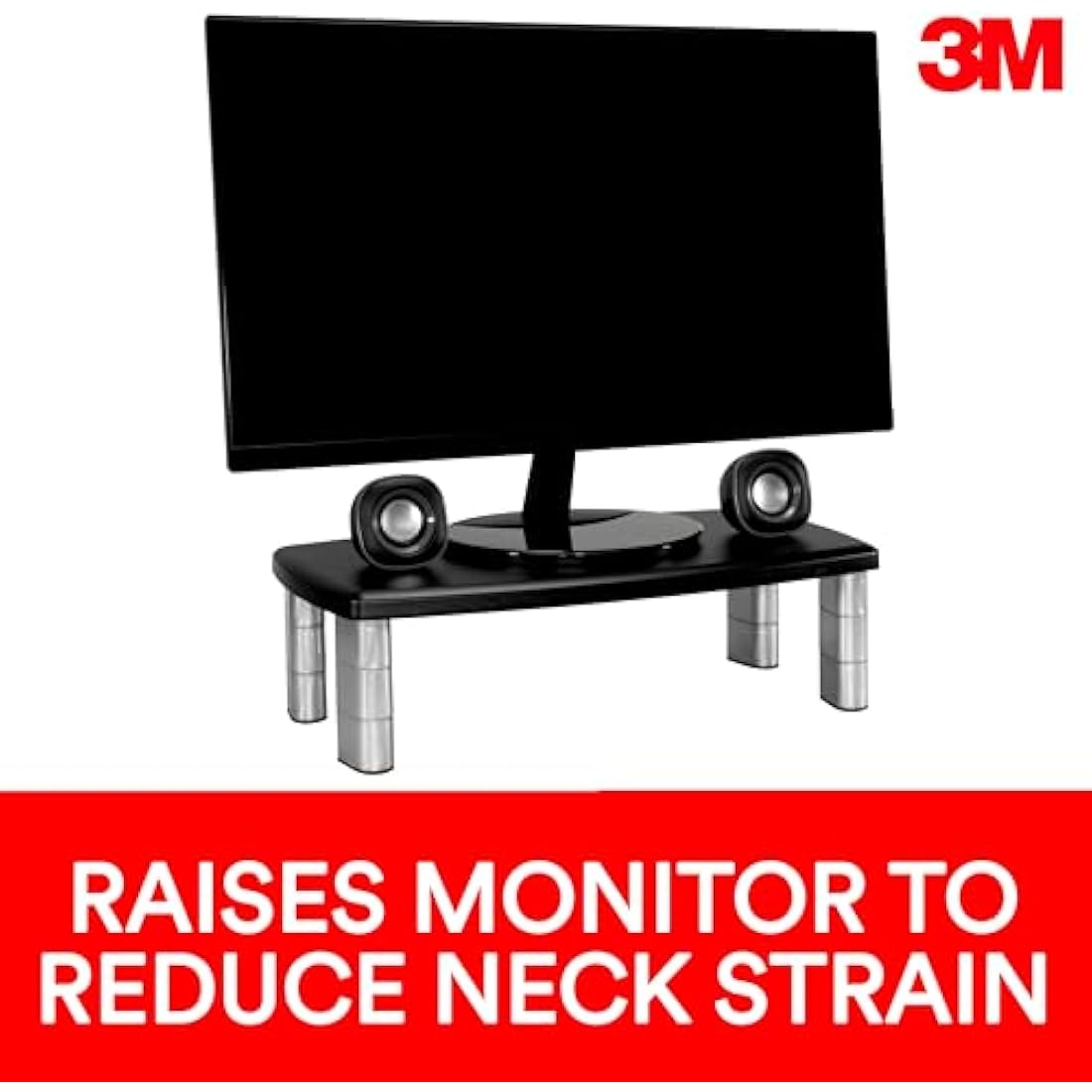 3M Office Adjustable Monitor Stand, 50.8 x 30.48 x 14.9 cm - Black/Silver