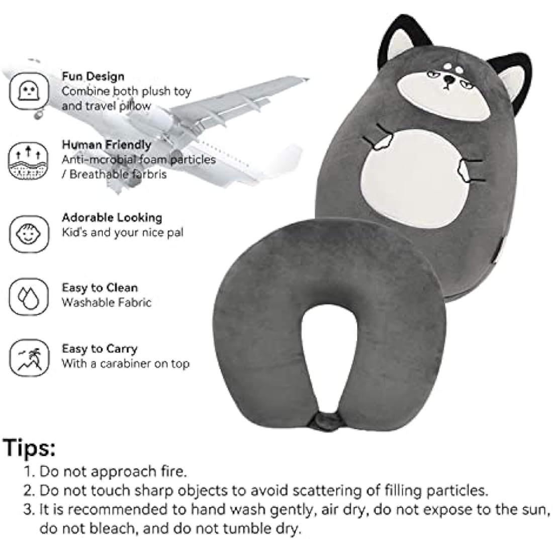 JOYRAVO Kids Travel Pillow - 2-in-1 Deformable Neck Pillow, Soft U-Shaped Pillow with Cute Plush Animals Comfy Sleep and Play Companion for Airplanes, Cars, and Travel - Husky