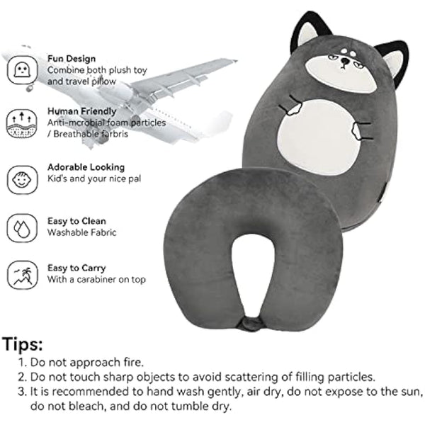 JOYRAVO Kids Travel Pillow - 2-in-1 Deformable Neck Pillow, Soft U-Shaped Pillow with Cute Plush Animals Comfy Sleep and Play Companion for Airplanes, Cars, and Travel - Husky