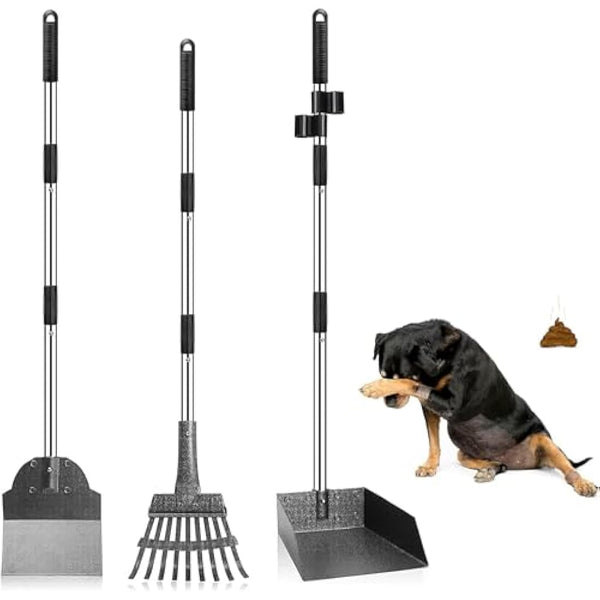 3 Pack Metal Pet Poop Scoop,Tray and Rake,Adjustable Long Handle with Bin for Pet Waste Removal,No Bending Poop Scooper Perfect for Large Medium Small Dogs