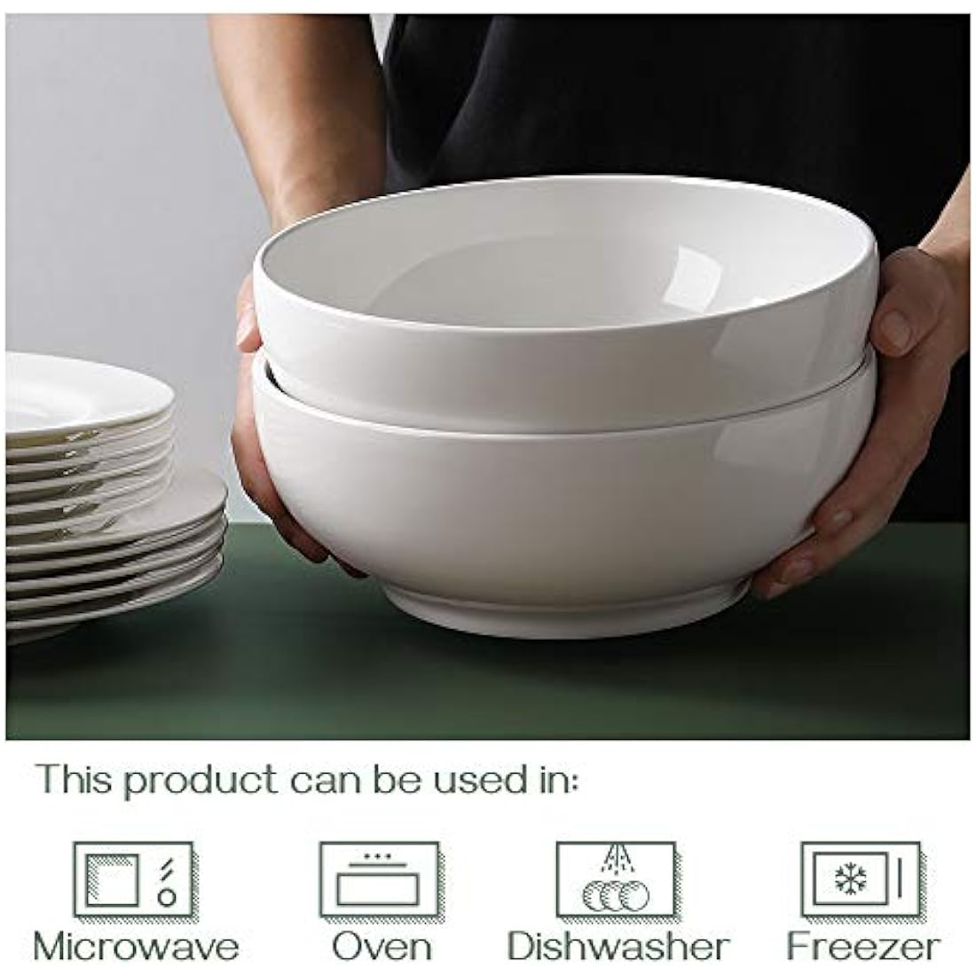 DOWAN Large Serving Bowls, 2700ml Solid Salad Bowls, Φ24cm Ceramic Pho Bowls Set of 2, White Serving Dishes for Dinner Parties, Microwave & Dishwasher Safe, Stackable, Easy Clean