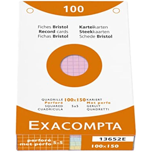 Exacompta 10 Packs of 100 Assorted Squared 5x5 Punched 100x150mm Inkjet Laser Copier Index Cards 13652E