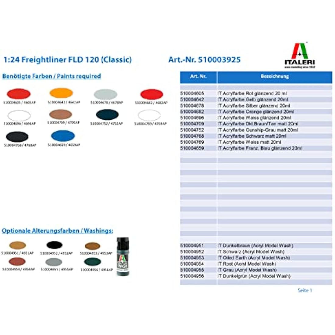ITALERI 3925S 1:24 Freightliner FLD 120 (Classic), Stand Model Making, Crafts, Hobby, Gluing, Plastic Construction Kit, Unvarnished