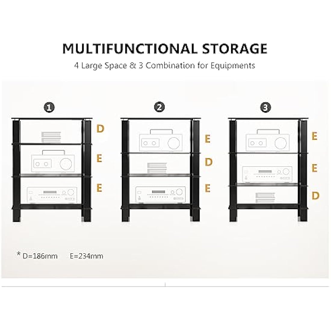 FITUEYES HiFi Rack AV Shelf 4-Tiers Glass TV Stand with Tempered Glass Media Storage Shelves Black