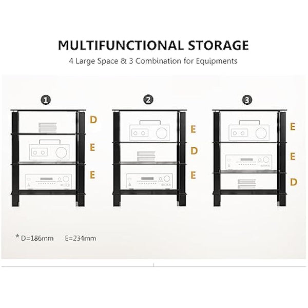 FITUEYES HiFi Rack AV Shelf 4-Tiers Glass TV Stand with Tempered Glass Media Storage Shelves Black
