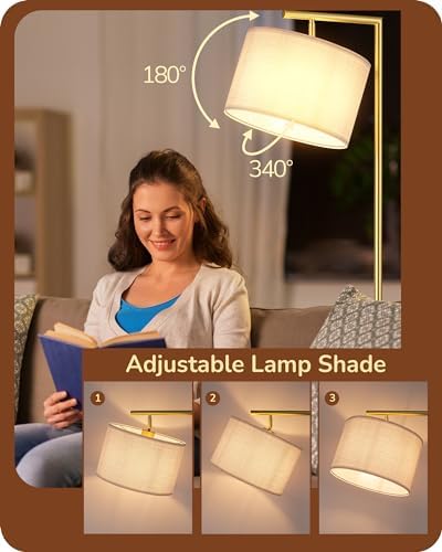 EDISHINE LED Floor Lamp, 63" Standing Lamp with Adjustable Linen Shade, Gold Metal Light Pole, Modern Simple Lamp for Living Room, Bedroom, Office, E27 Socket, 2700K LED Bulb Included