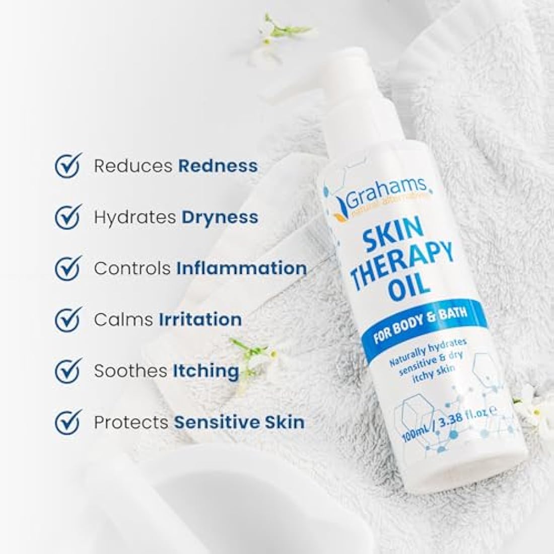 Grahams Natural Skin Therapy Body Oil - For Dry Skin, Eczema & Itch Relief - Hydrates & Nourishes Sensitive Skin - Natural 100% Oil Blend with Vitamin E | Hypoallergenic & Steroid-Free (220ml)