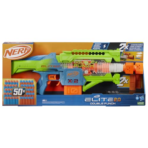 Nerf Elite 2.0 Double Punch Motorised Dart Blaster Toy For Kids | Rapid Alternating Barrels | with 50 Elite Foam Darts | Double Clip Blasting | Outdoor Games Gift Idea for 8+ Year Old Boys and Girls