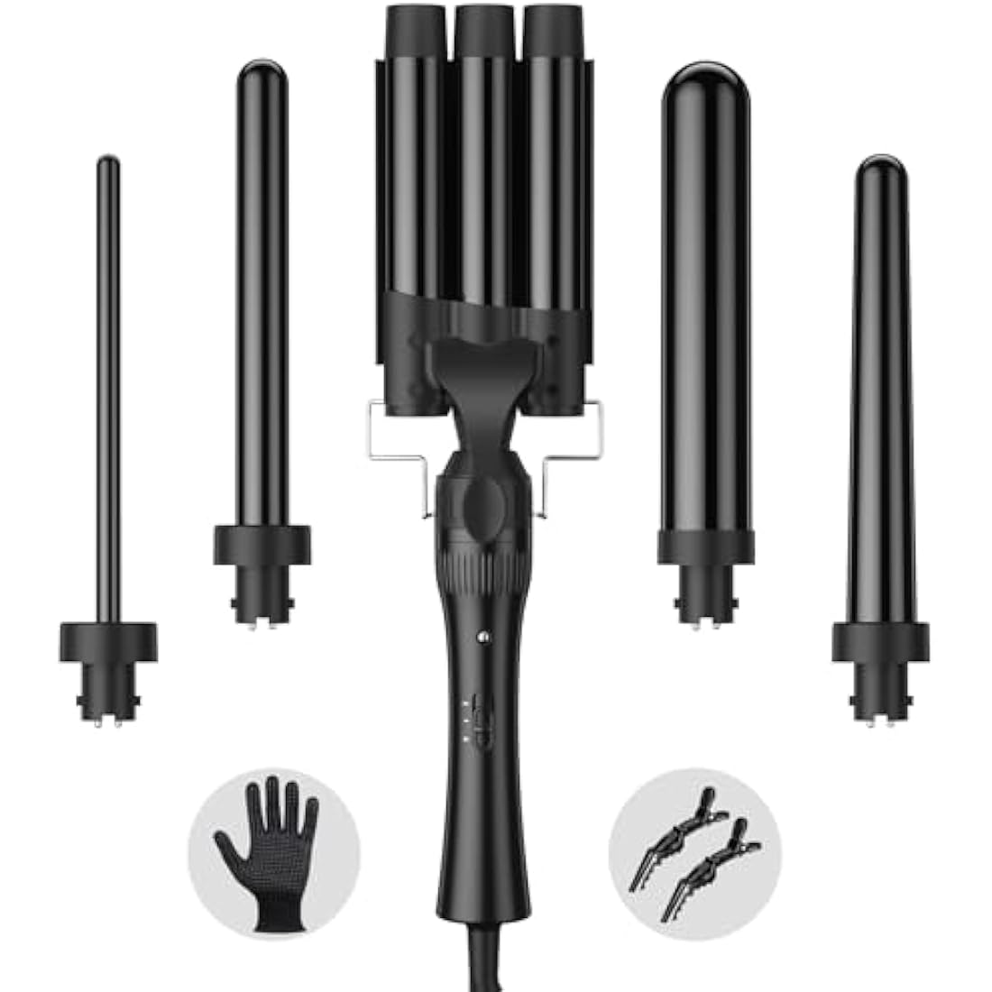 Hair Waver Curling Wand Iron Tong, Chopstick, 5 in 1 Hair Curler for Long Hair 10mm-32mm with 2 Crocodile Clips 1 Anti-Scald Silicone Gloves, PTC Ceramic Triple Barrels LCD 180°C & 210°C