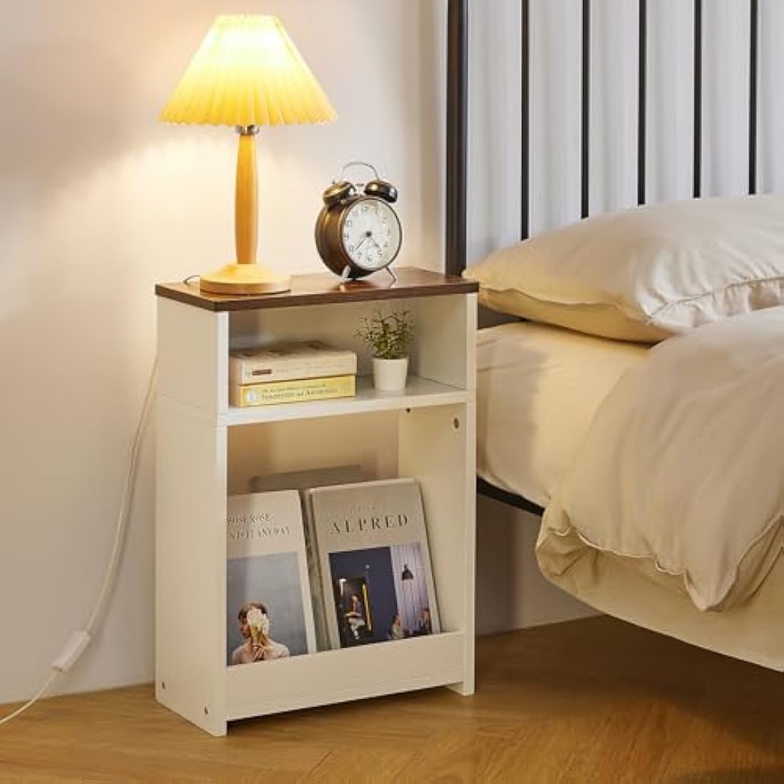 IBUYKE Narrow Side Table with Storage Shelf, 3 Tier Slim End Table for Small Spaces, Wood Small Nightstand with Magazine Rack for Living Room, Bedroom, Sofa, Space Saving, White WST006W