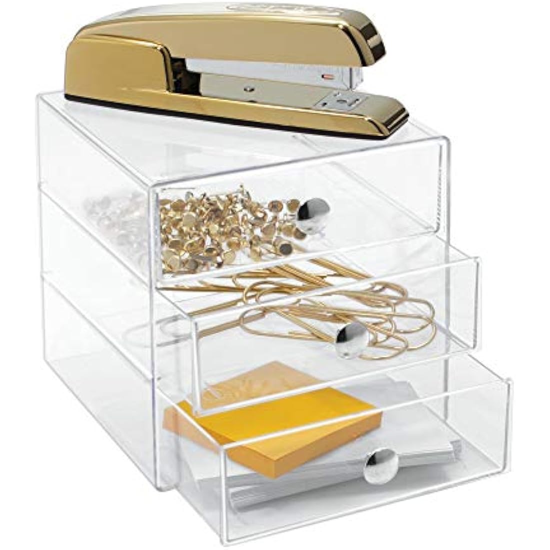 iDesign 35300 Makeup Organiser with Three Drawers, Sturdy Plastic Storage Box for Makeup, Accessories, Jewelry and More, Compact Dressing Table Organiser, Clear