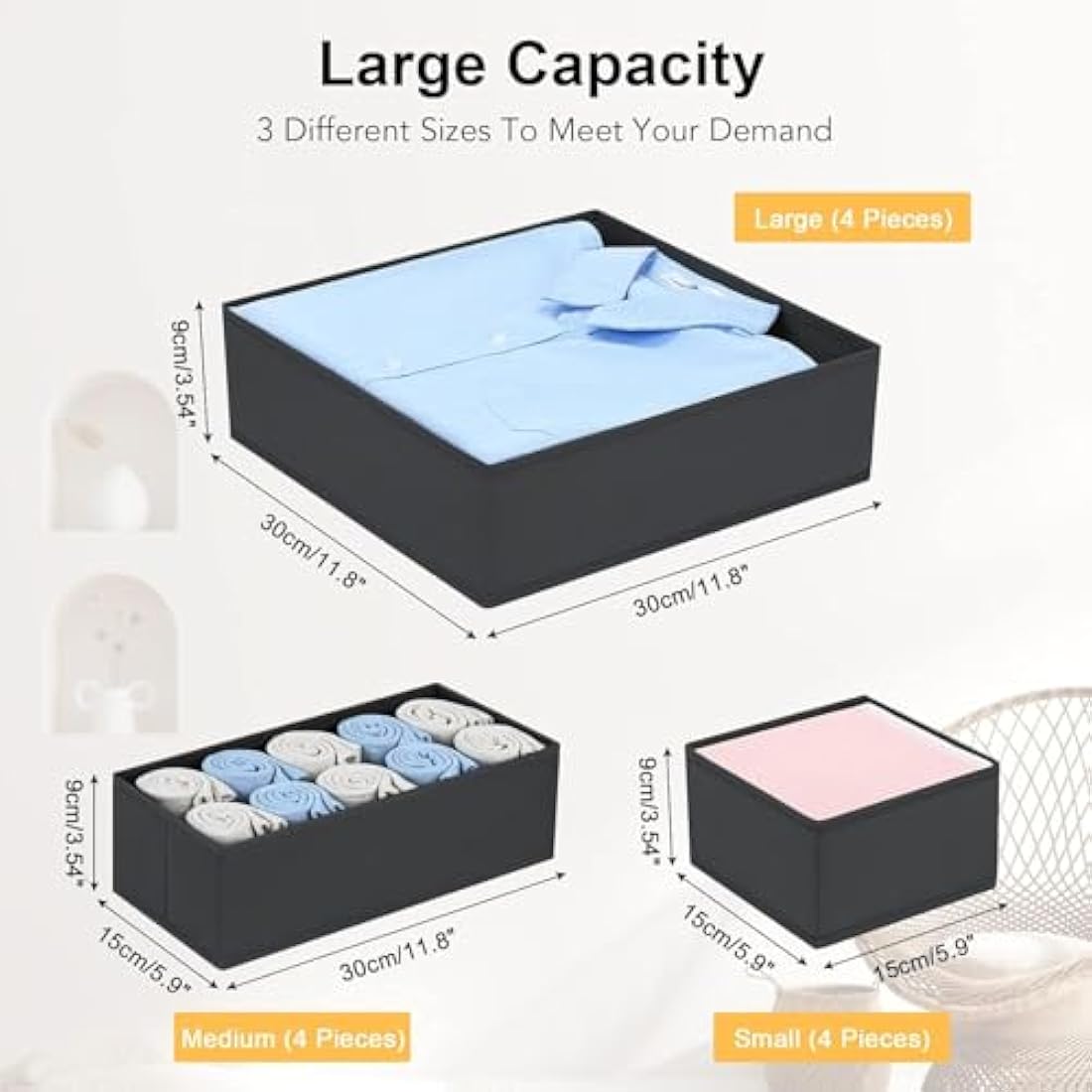 DIMJ 12 Pack Drawer Organisers Foldable Storage Box Fabric Drawer Dividers Wardrobe Storage Organiser Storage Cubes for Bras, Socks, Underwear, Ties, Scarves, Cosmetics