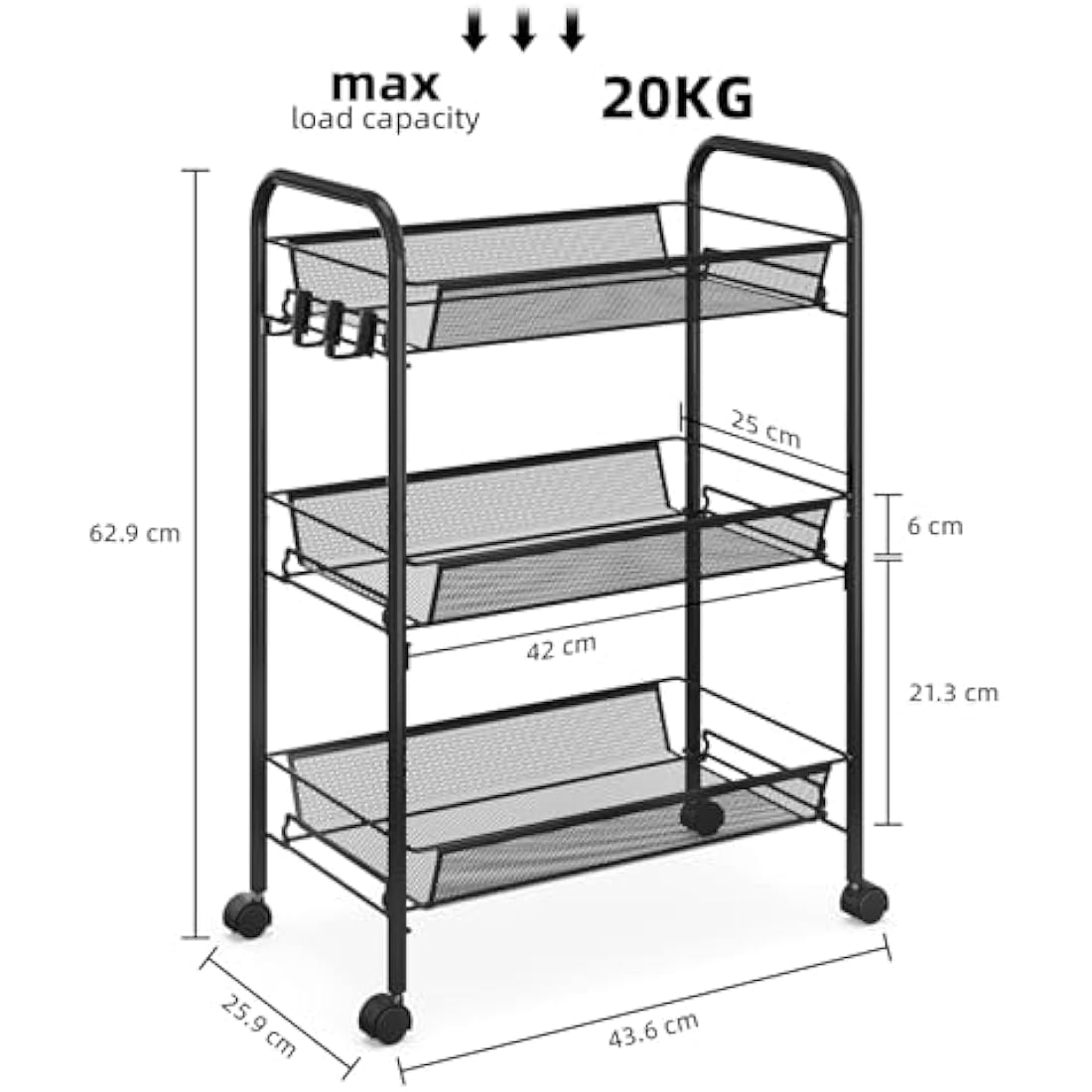 APEXCHASER 3-Tier Rolling Cart,Easy Assemble Mobile Storage Trolley On Wheels,Slide Out Utility Cart Shelving Units Kitchen Bathroom Laundry Room,Black