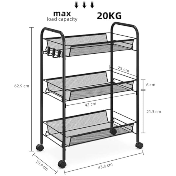 APEXCHASER 3-Tier Rolling Cart,Easy Assemble Mobile Storage Trolley On Wheels,Slide Out Utility Cart Shelving Units Kitchen Bathroom Laundry Room,Black