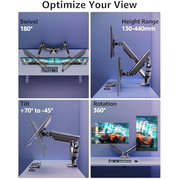 ELIVED Dual Monitor Arm Desk Mount for 13-32 inch Screen, Height Adjustable Double Gas Spring Arm, Gaming Monitor Arm Holds 2-9kg, VESA 75x75 100x100 with C-clamp& Grommet, Freelift Pro Black EV6012B