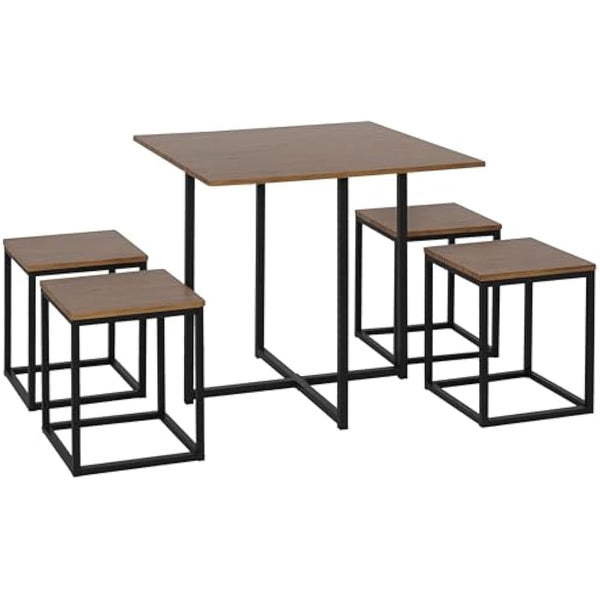 HOMCOM 5 Piece Dining Table and Chairs Set 4, Industrial Space Saving Table and Chairs with Metal Frame, Square Kitchen Table and Stools for Dining Room, Brown