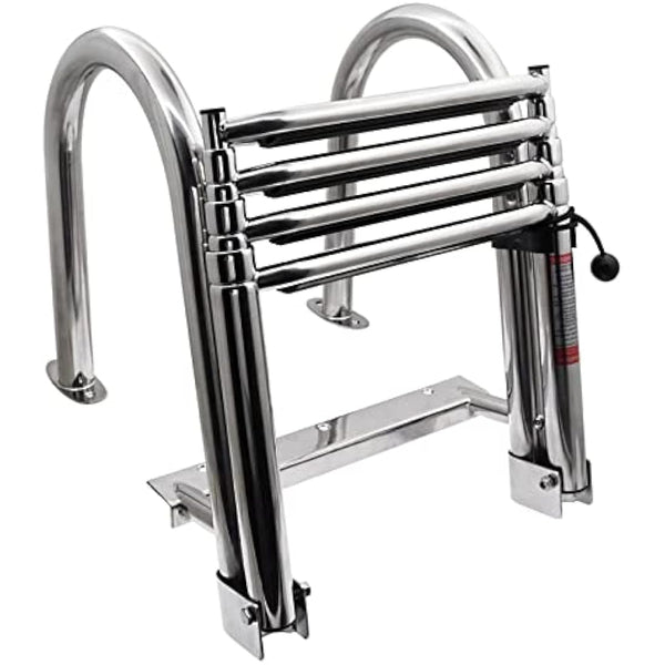 KAOLALI Boat Ladder 4 Steps, Pontoon Boat Ladder Foldable Stainless Steel Marine Rear Entry Telescoping Ladder with Wide Steps Swim Deck Ladder with Pedal Hand Railing Lad Capacity 200 kg