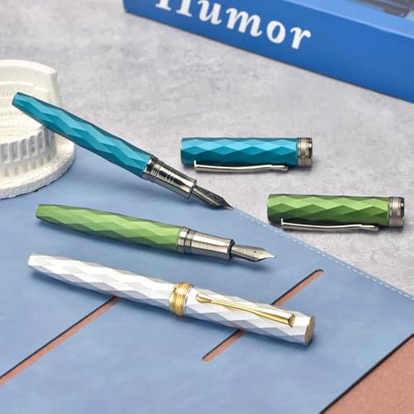 HONG DIAN N11 Fountain Pen, Titanium-Coated Black Fine Soft Nib, Peacock Blue & Lozenge Geometric Design with Metal Case Set