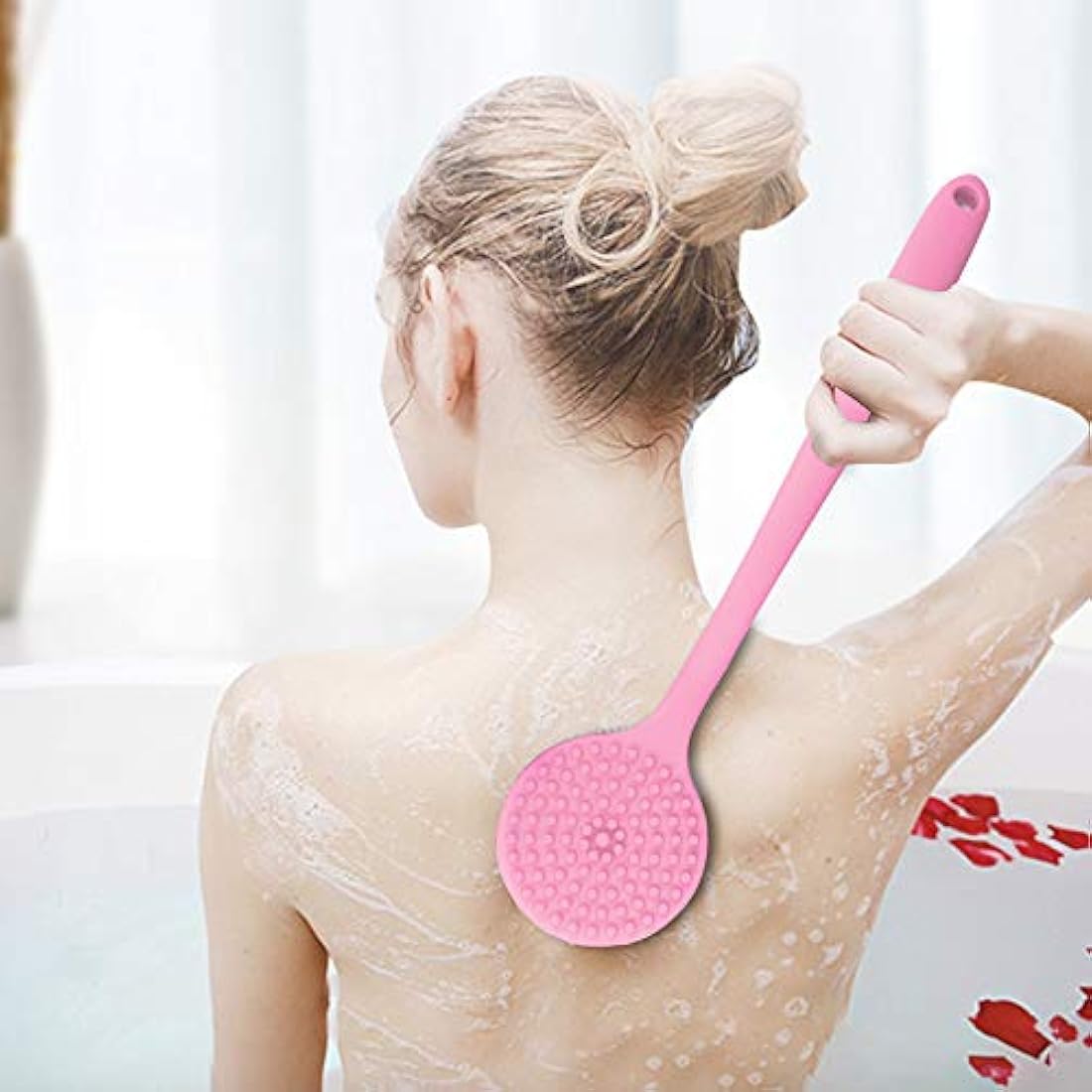 Ithyes Silicone Body Brush, Bath Brush Back Scrubber Long Handle Bath Shower Brush with Ultra Soft Bristles,Non-Slip,Pink