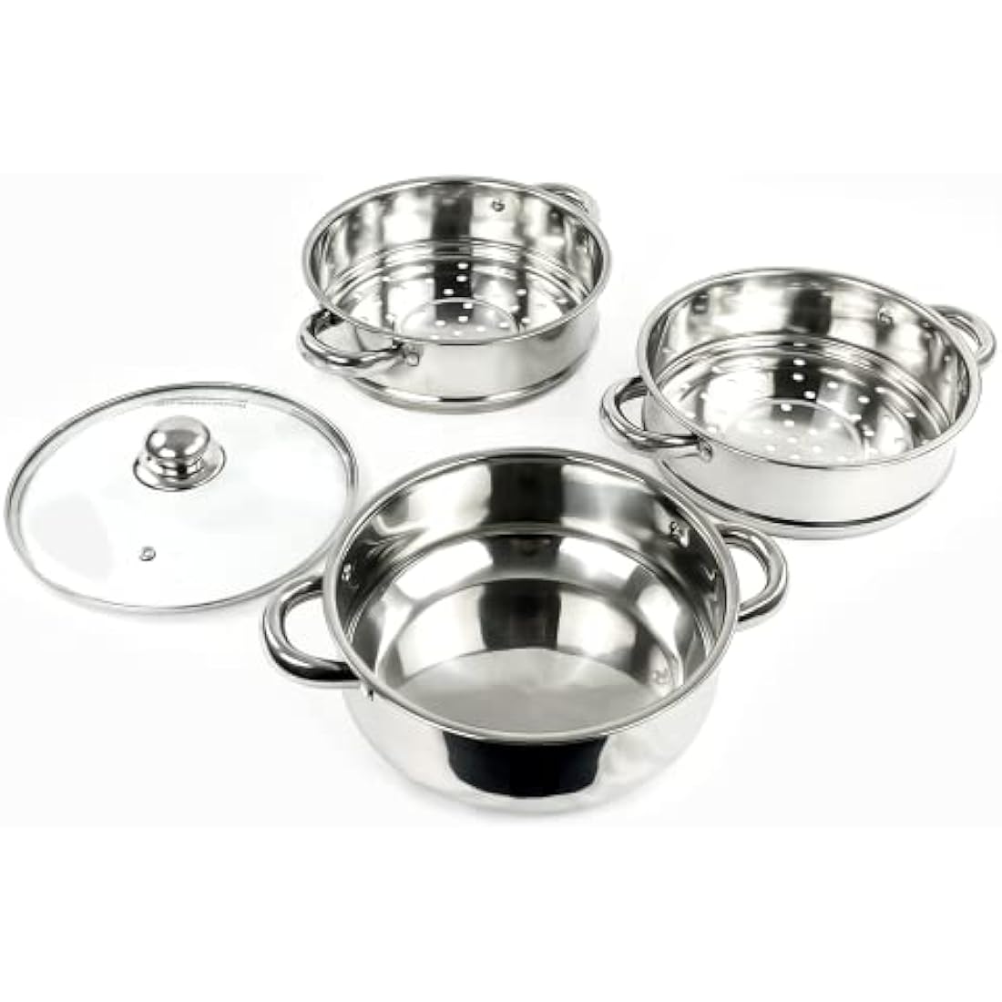 New 3PC Stainless Steel Steamer Cooker Pot Set PAN Cook Food Glass LIDS COOKWARE