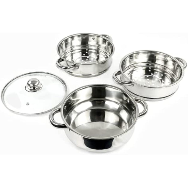 New 3PC Stainless Steel Steamer Cooker Pot Set PAN Cook Food Glass LIDS COOKWARE