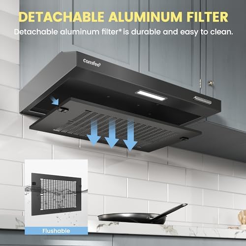 COMFEE' 60 cm Visor Cooker Hood SLIF17B-60 LED Extractor Hood Under Cabinet Hood Wall Mounted Extractor Fan 600 mm Top Vented Range Hood - Black KWH-SLIF17B-60