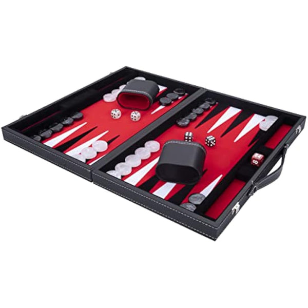Engelhart - 250510 - Large Luxury Backgammon 18 Inches - Black - 45 cm - Faux Leather - Felt Inlay - Pearl Dice & Chips + 2 Cups - Strategy Game - Pro & Leisure