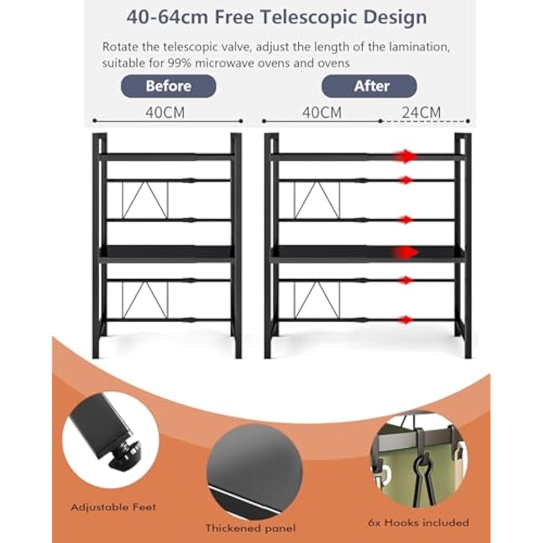 Haipky 3-Tier Expandable Microwave Oven Rack with 6 Hooks, Adjustable Metal Kitchen Shelf Stand for Countertop, Black Baker Rack Organizer