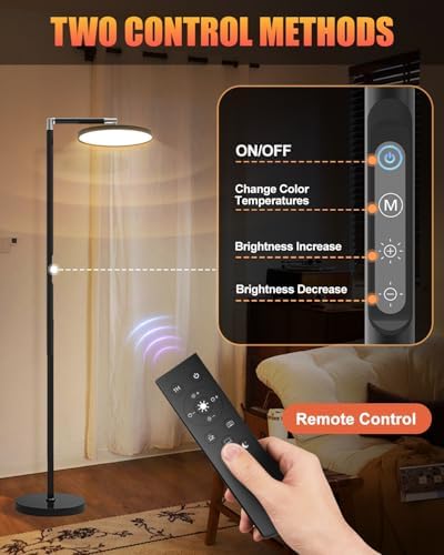 KALAHOL LED Uplighter Floor Lamp, Remote Touch Control & 1 Timer, Dimmable 112LEDs 5 Colour Temperatures 9 Brightness Levels 360° Rotatable Reading Standing Lamp for Living Room Study Office (Black)